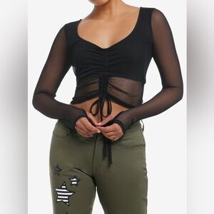 Hot Topic Social Collision Sheer Black Ruched Top XS long sleeve gothic grunge